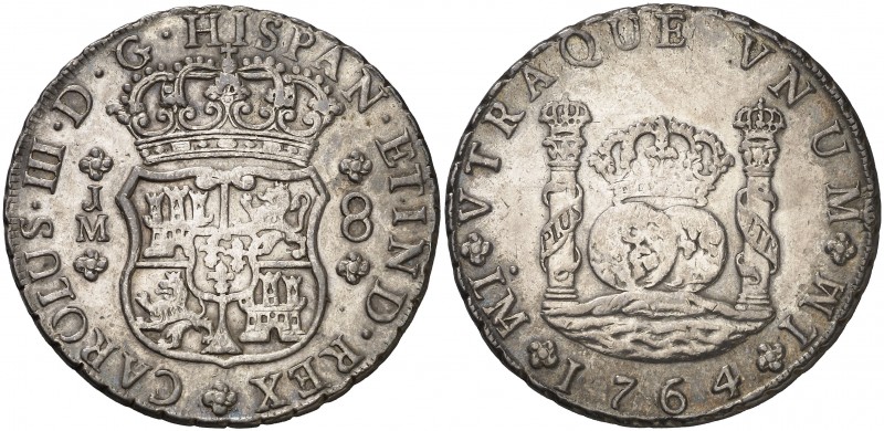 1764. Carlos III. Lima. JM. 8 reales. (AC. 1024). 26,79 g. Columnario. Punto sob...