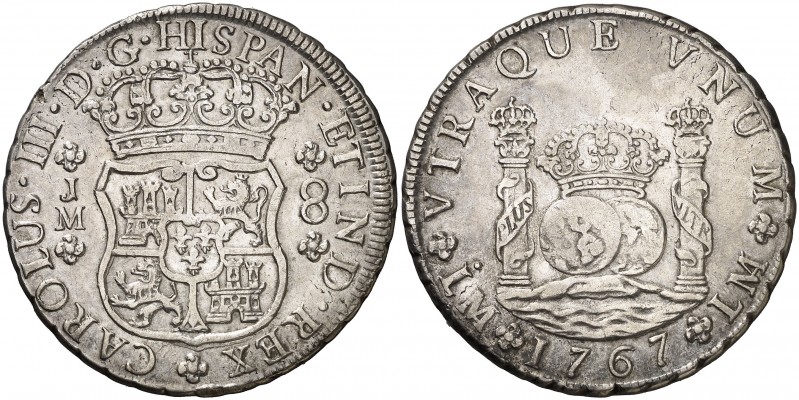 1767. Carlos III. Lima. JM. 8 reales. (AC. 1027). 26,74 g. Columnario. Punto sob...