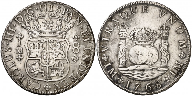 1768. Carlos III. Lima. JM. 8 reales. (AC. 1028). 26,59 g. Columnario. Punto sob...