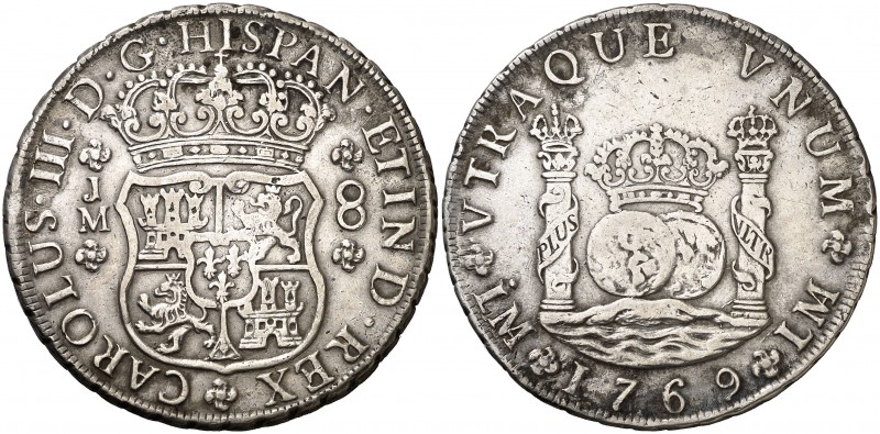 1769. Carlos III. Lima. JM. 8 reales. (AC. 1030). 26,78 g. Columnario. Corona im...