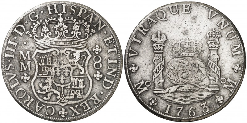 1763. Carlos III. México. MM. 8 reales. (AC. 1085). 26,82 g. Columnario. Golpeci...