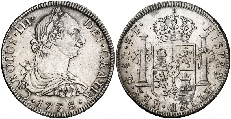 1778. Carlos III. México. FF. 8 reales. (AC. 1117). 27 g. Limpiada. MBC+.