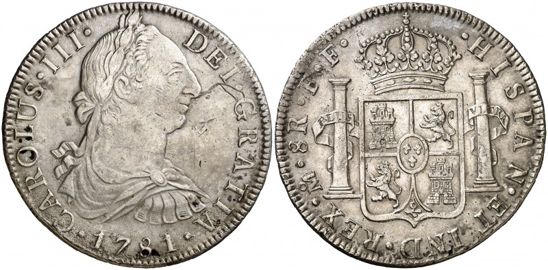 1781. Carlos III. México. FF. 8 reales. (AC. 1121). 26,86 g. Defectos en anverso...