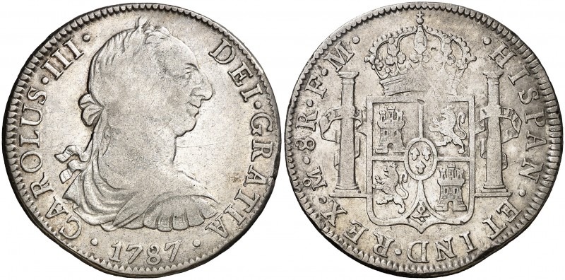 1787. Carlos III. México. FM. 8 reales. (AC. 1131). 26,79 g. Golpecitos. BC+/MBC...