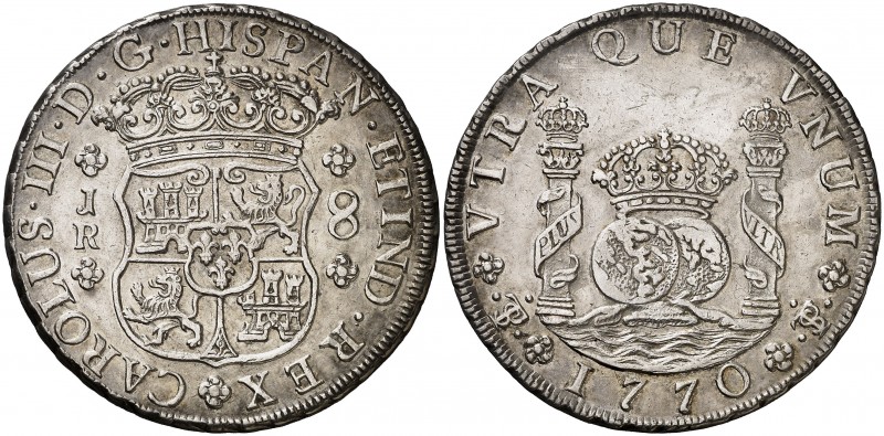 1770. Carlos III. Potosí. JR. 8 reales. (AC. 1168). 26,95 g. Columnario. Leves m...