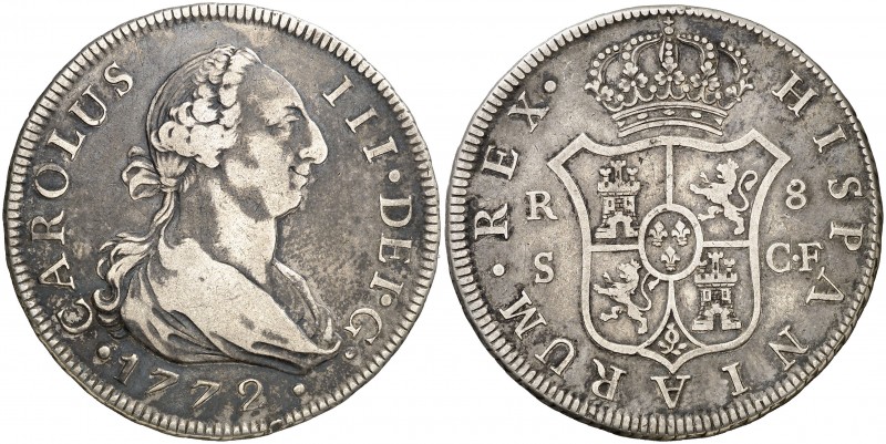 1772. Carlos III. Sevilla. CF. 8 reales. (AC. 1229). 26,73 g. Primer año de bust...