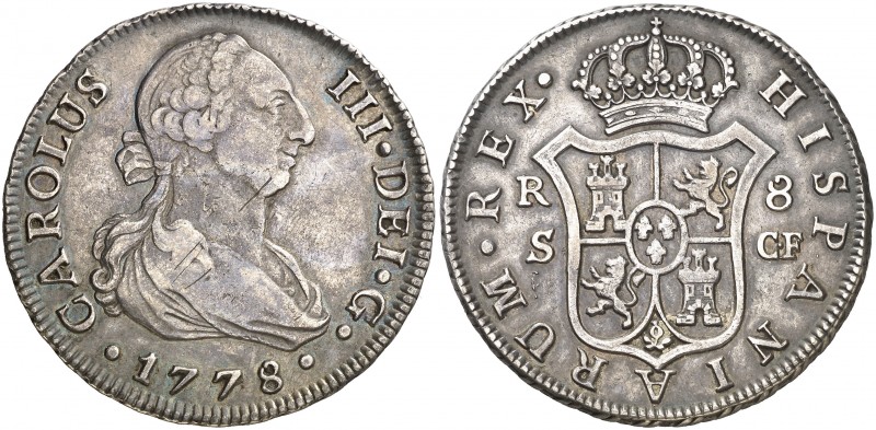 1778. Carlos III. Sevilla. CF. 8 reales. (AC. 1237). 26,83 g. Rayitas. Ex Áureo ...