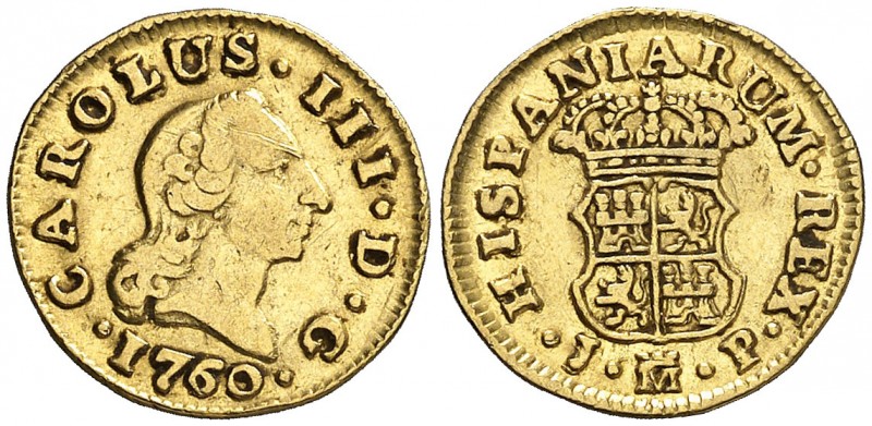 1760. Carlos III. Madrid. JP. 1/2 escudo. (AC. 1243). 1,71 g. Corona ornada. MBC...