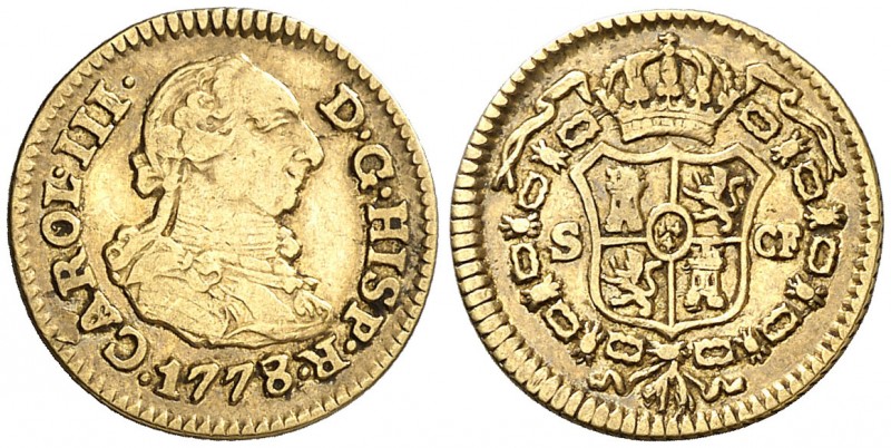 1778/7. Carlos III. Sevilla. CF. 1/2 escudo. (AC. 1308). 1,74 g. Acuñación algo ...