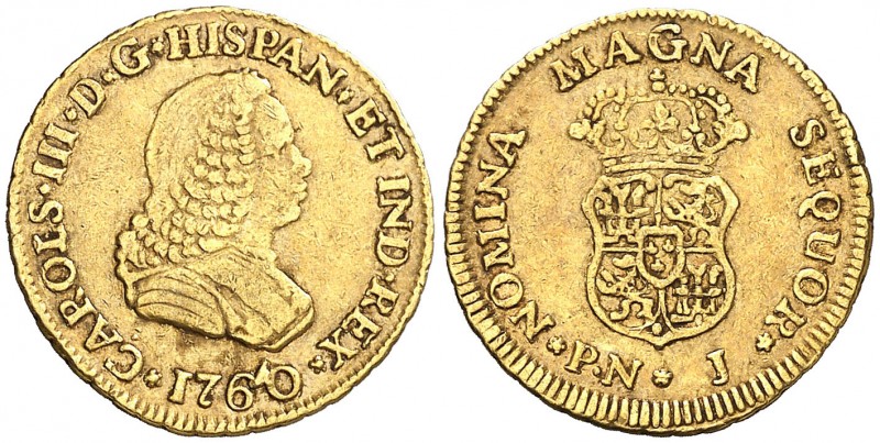 1760. Carlos III. Popayán. J. 1 escudo. (AC. 1410) (Restrepo 48-1). 3,32 g. Bust...