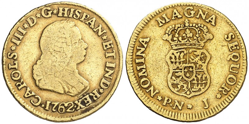 1762. Carlos III. Popayán. J. 1 escudo. (AC. 1411) (Restrepo 48-2). 3,26 g. Bust...