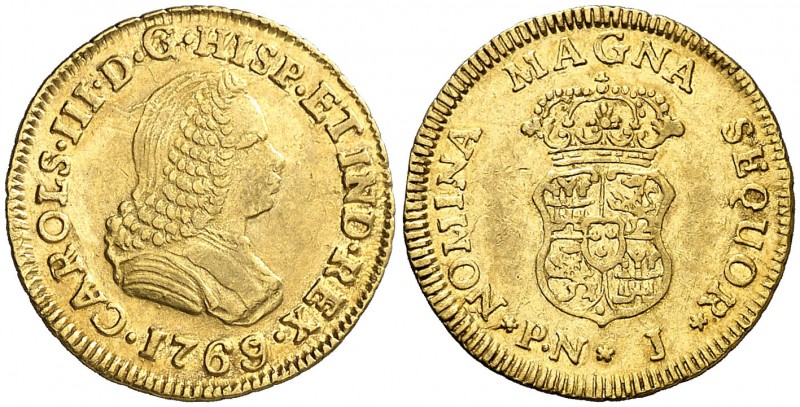 1769/7. Carlos III. Popayán. J. 1 escudo. (AC. 1414) (Restrepo 48-10). 3,35 g. B...