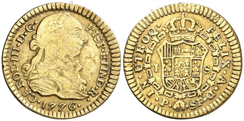 1776. Carlos III. Popayán. SF. 1 escudo. (AC. 1419) (Restrepo 54-8). 3,35 g. Rar...