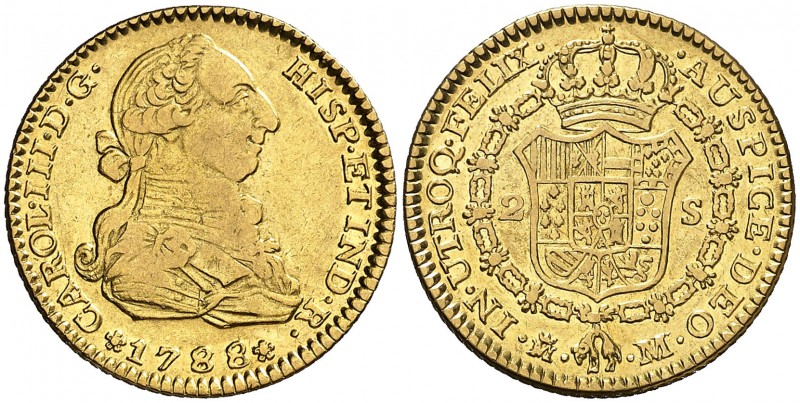 1788/78. Carlos III. Madrid. M. 2 escudos. (AC. 1572). 6,77 g. Único año de este...