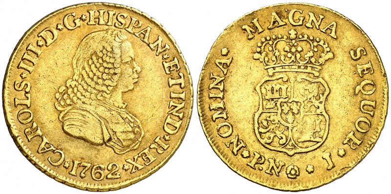 1762. Carlos III. Popayán. J. 2 escudos. (AC. 1616) (Restrepo 58-6). 6,67 g. Bus...