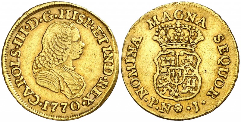 1770. Carlos III. Popayán. J. 2 escudos. (AC. 1624) (Restrepo 58-16). 6,61 g. Bu...