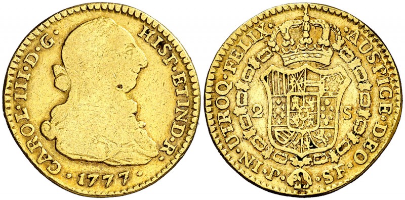 1777. Carlos III. Popayán. SF. 2 escudos. (AC. 1635) (Restrepo 62-12). 6,65 g. P...