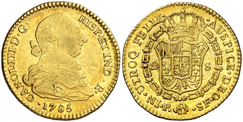 1785/4. Carlos III. Popayán. SF. 2 escudos. (AC. 1648) (Restrepo 62-27). 6,75 g....