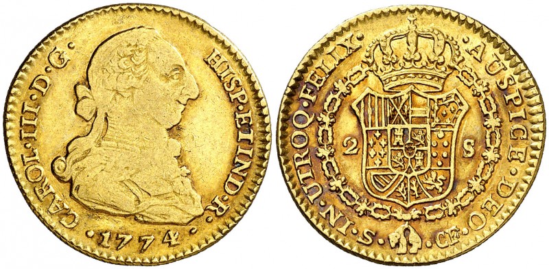 1774. Carlos III. Sevilla. CF. 2 escudos. (AC. 1727). 6,67 g. Preciosa pátina en...