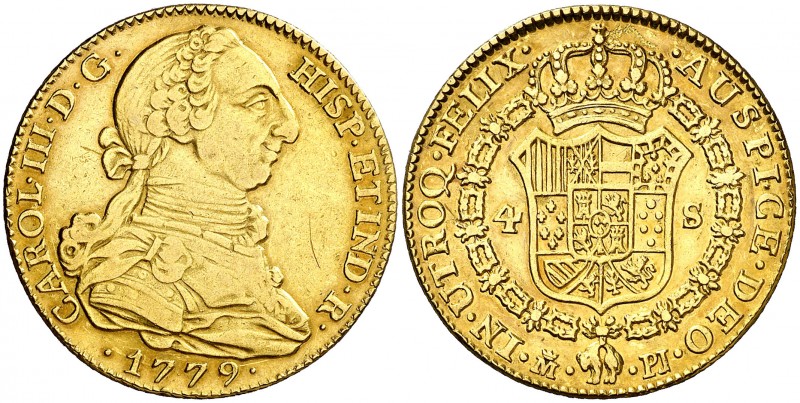 1779. Carlos III. Madrid. PJ. 4 escudos. (AC. 1782). 13,41 g. Rayitas en anverso...