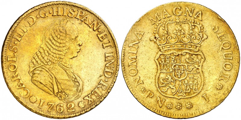 1762. Carlos III. Popayán. J. 4 escudos. (AC. 1832) (Restrepo 64-6). 13,35 g. Bu...