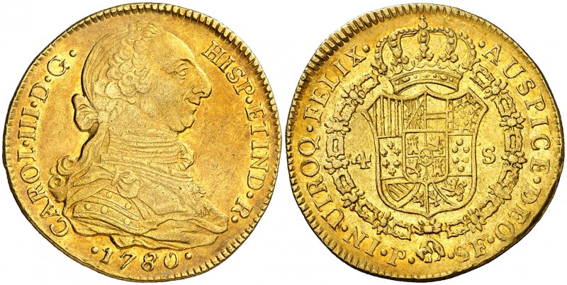 1780/70. Carlos III. Popayán. SF. 4 escudos. (AC. 1838.1) (Restrepo tipo 68 no s...