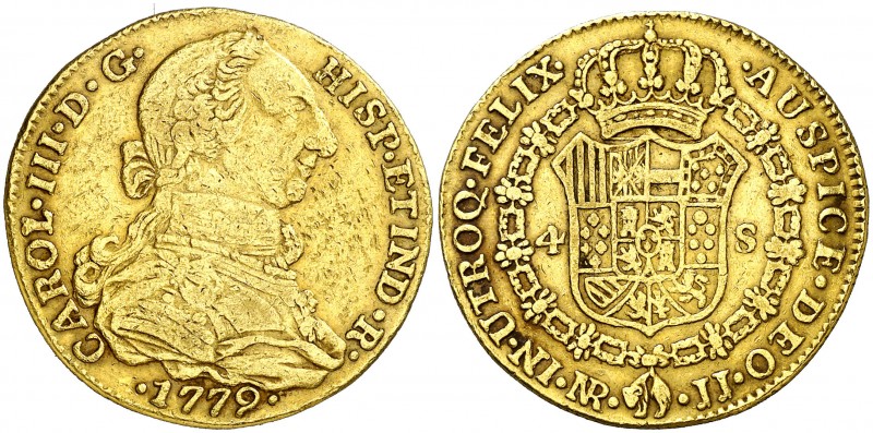 1779. Carlos III. Santa Fe de Nuevo Reino. JJ. 4 escudos. (AC. 1862) (Restrepo 6...