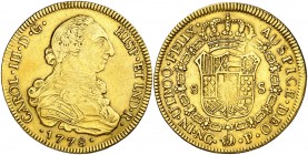 1778. Carlos III. Guatemala. P. 8 escudos. (AC. 1909) (Cal.Onza 668). 26,93 g. Primer año de busto propio. Fecha pequeña. Muy rara. MBC.