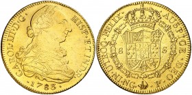 1783. Carlos III. Guatemala. P. 8 escudos. (AC. 1911) (Cal.Onza 671). 26,76 g. Perforación reparada. Muy rara, sólo hemos tenido otro ejemplar. (MBC)....