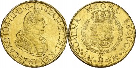 1761. Carlos III. Lima. JM. 8 escudos. (AC. 1914) (Cal.Onza 673). 27 g. Primer busto. Leves marquitas. Bella. Gran parte de brillo original. Rara. MBC...