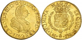 1762. Carlos III. Lima. JM. 8 escudos. (AC. 1915) (Cal.Onza 674). 26,83 g. Hojitas. Parte de brillo original. Rara. (MBC+).