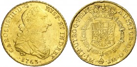 1763. Carlos III. Lima. JM. 8 escudos. (AC. 1916) (Cal.Onza 675). 26,95 g. Primer tipo "cara de rata". Rayitas. Golpecitos en canto. Rara. MBC.