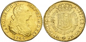 1764. Carlos III. Lima. JM. 8 escudos. (AC. 1917) (Cal.Onza 678). 26,96 g. Primer tipo "cara de rata". Hoja en reverso. Golpecito en canto. Parte de b...