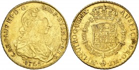 1765. Carlos III. Lima. JM. 8 escudos. (AC. 1918) (Cal.Onza 679). 26,83 g. Primer tipo "cara de rata". Hojas en reverso. Rara. MBC.