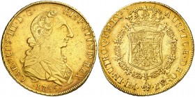 1766. Carlos III. Lima. JM. 8 escudos. (AC. 1919) (Cal.Onza 680). 26,86 g. Primer tipo "cara de rata". Hojitas en reverso. Bonito color. MBC.