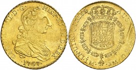 1767. Carlos III. Lima. JM. 8 escudos. (AC. 1920) (Cal.Onza 681). 27 g. Primer tipo "cara de rata". Rayas de acuñación. Parte de brillo original. Rara...