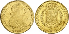 1768. Carlos III. Lima. JM. 8 escudos. (AC. 1921) (Cal.Onza 682). 27 g. Último año del primer tipo "cara de rata". Hojitas en reverso. Parte de brillo...