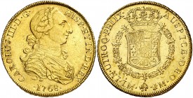 1768. Carlos III. Lima. JM. 8 escudos. (AC. 1922) (Cal.Onza 683). 27 g. Segundo tipo "cara de rata". Sin punto entre ET e IND. Hojitas en reverso. Bel...