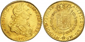 1769. Carlos III. Lima. JM. 8 escudos. (AC. 1923) (Cal.Onza 686). 26,89 g. Segundo tipo "cara de rata". Leves marquitas. Precioso color. Rara. MBC+/EB...