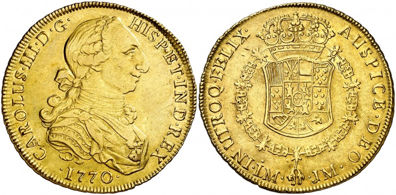 1770. Carlos III. Lima. JM. 8 escudos. (AC. 1925) (Cal.Onza 688). 26,94 g. Segun...