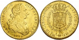 1771. Carlos III. Lima. JM. 8 escudos. (AC. 1926) (Cal.Onza 689). 26,91 g. Segundo tipo "cara de rata". Hojitas en reverso. Parte de brillo original. ...