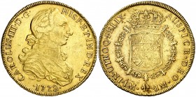 1772. Carlos III. Lima. JM. 8 escudos. (AC. 1928) (Cal.Onza 691). 26,93 g. Último año del segundo tipo "cara de rata". Mínimas hojitas. Precioso color...