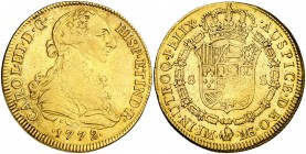 1772. Carlos III. Lima. JM. 8 escudos. (AC. 1929) (Cal.Onza 692). 26,86 g. Primer año de busto propio. Ensayador a izquierda. Ceca a derecha. Rara. MB...