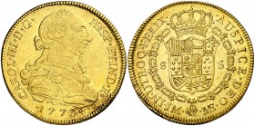 1773. Carlos III. Lima. JM. 8 escudos. (AC. 1930) (Cal.Onza 695) (Kr. 82.2 no indica precio). 27 g. Ensayador a izquierda. Ceca a derecha. Leves rayit...