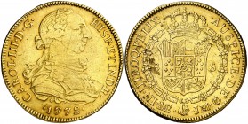 1772. Carlos III. Lima. JM. 8 escudos. (AC. 1931) (Cal.Onza 693). 26,63 g. Primer año de busto propio. Ensayador a derecha. Ceca a izquierda. Hojas. B...