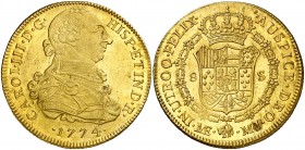 1774. Carlos III. Lima. MJ. 8 escudos. (AC. 1934) (Cal.Onza 697). 27 g. Hoja en reverso. Bella. Pleno brillo original. Escasa así. EBC+.