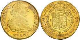 1780. Carlos III. Lima. MI. 8 escudos. (AC. 1942) (Cal.Onza 705). 27 g. Mínimas marquitas. Bella. Bonita pátina. Escasa así. EBC+.