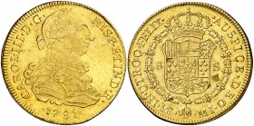 1781. Carlos III. Lima. MI. 8 escudos. (AC. 1943) (Cal.Onza 706). 27 g. Hojitas en reverso. MBC/MBC+.