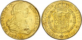 1782. Carlos III. Lima. MI. 8 escudos. (AC. 1944) (Cal.Onza 707). 27,05 g. Hojitas en anverso. Precioso color. Parte de brillo original. Ex Áureo 25/1...