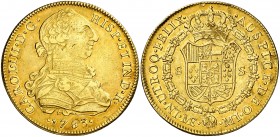 1783. Carlos III. Lima. MI. 8 escudos. (AC. 1945) (Cal.Onza 708). 26,90 g. Hojas. Precioso color. (MBC+/EBC-).